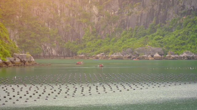 Tourists kayaking through an oyster pearl farm and lush green limestone mountain in Ha Long Bay, Vietnam