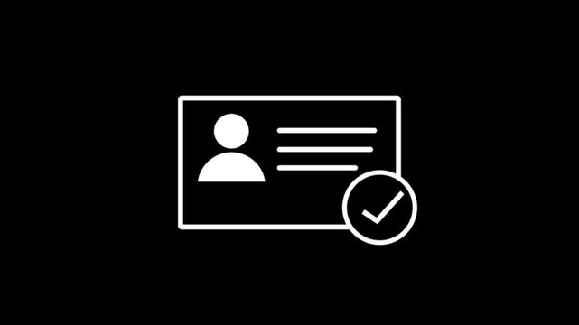 ID Card Verification Animation with Profile Identity Icon and Checkmark on Black Background, Digital Authentication Concept