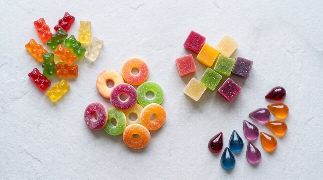 Assorted colorful gummy candies including bears, rings, squares, and drops arranged on a white background