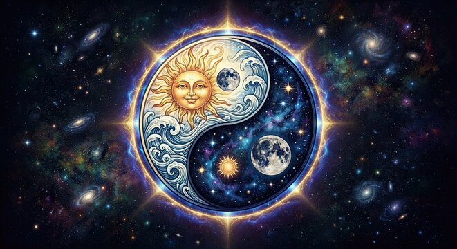 Cosmic yin yang balancing sun and moon faces