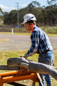 young man chainsawing up branch of gum tree for firewood