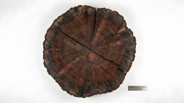 Ancient round tree trunk slice showing detailed concentric ring patterns and deep dark brown wood grain textures indoors