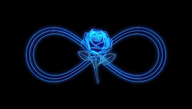 Blue neon infinity symbol with rose in center on black background