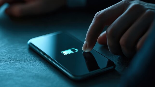 Closeup of hand touching smartphone screen showing low battery icon with dark background and blue lighting