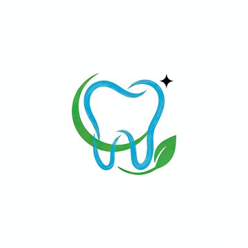 Tooth logo design with green leaf and sparkle