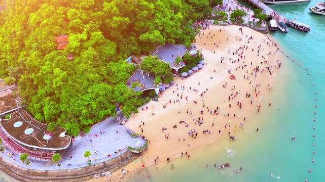 Aerial view of Ha Long Bay, Vietnam with cruise ships, islands among limestone islands. UNESCO World Heritage Site. Popular landmark, famous destination of Vietnam