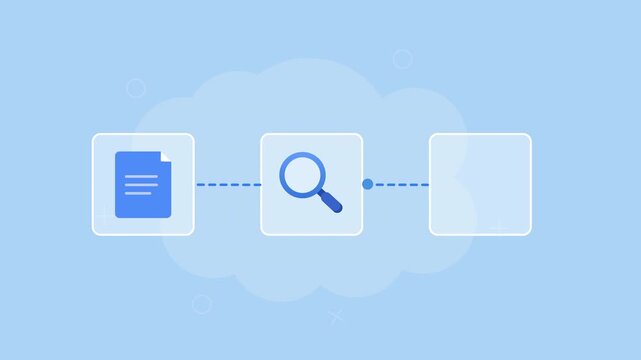 Flat vector animation showing a document being searched and verified with a magnifying glass and checkmark for digital document review and validation.