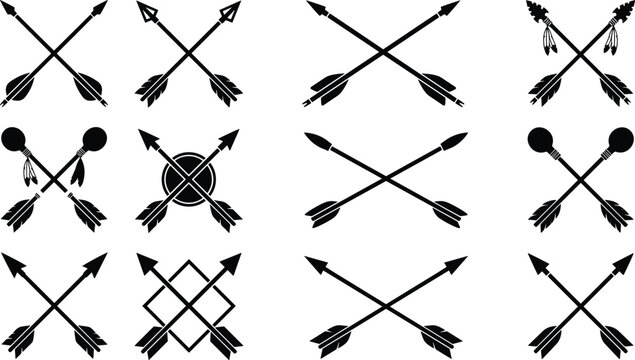 Crossed archery arrow stencil compilation presenting various indigenous tribal tips historical fletching feathers and hunting emblem shapes