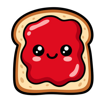Cute cartoon slice of toast bread with red strawberry jam, smiling kawaii breakfast food character sticker icon vector