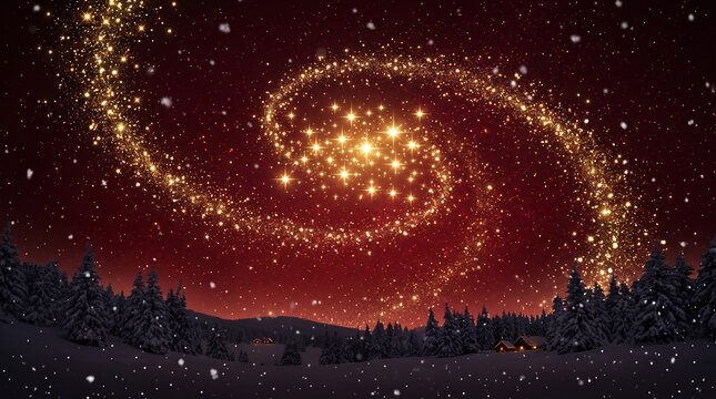 Golden Stars Swirling Above Snowy Forest at Night