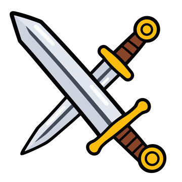 Crossed medieval swords icon, cartoon battle knight weapon blade sticker vector