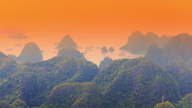 Aerial view of Ha Long Bay, Vietnam with cruise ships, islands among limestone islands. UNESCO World Heritage Site. Popular landmark, famous destination of Vietnam