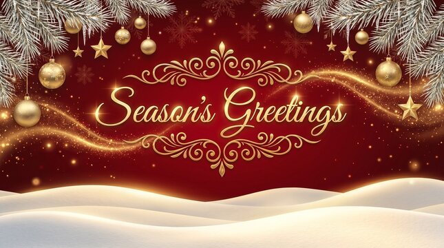 Season's Greetings Banner with Golden Frame and Snowy Landscape
