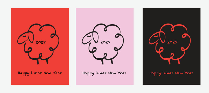 Modern Lunar New Year greeting card design featuring a playful goat illustration with 2027 lettering and Happy Lunar New Year message in bold contrasting colors.