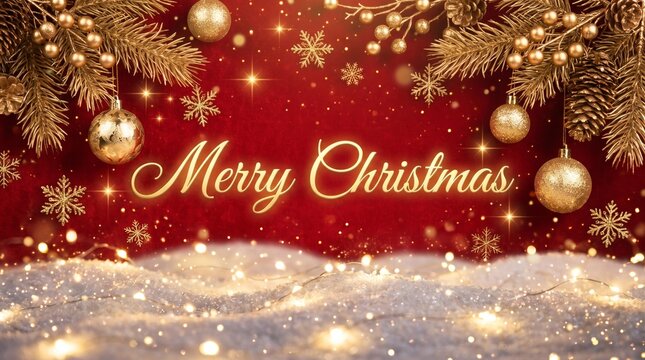 Merry Christmas Golden Text with Hanging Baubles and Snow Background