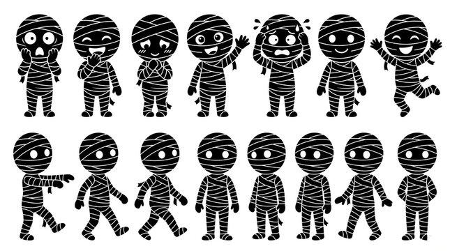 Funny cartoon mummy characters in various poses and emotions
