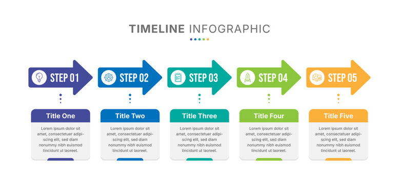 Business infographic timeline template with five steps in a horizontal arrow shape process diagram and list layout.