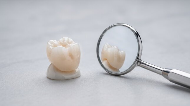 ceramic dental crown reflected in dentist mouth mirror close up