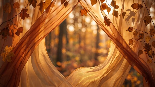 Glowing Halloween background created by warm amber light passing through translucent orange fabric, delicate folds producing soft tonal gradients, barely visible dried foliage silhouettes