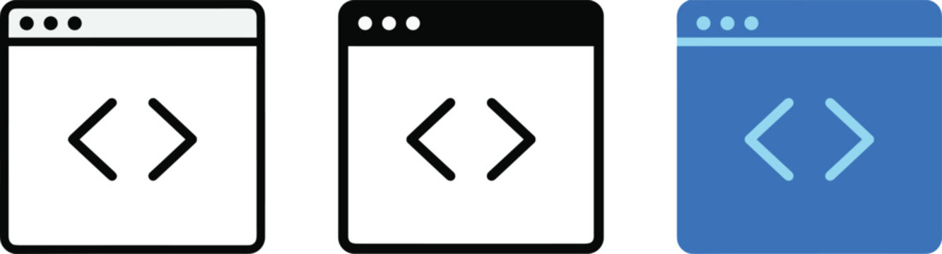 Web browser window programming code tags vector icon set featuring interface outline silhouette and blue style symbols