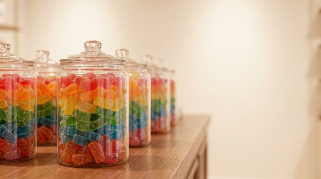 Glass jars filled with colorful layered gummy candies arranged in a neat row on a wooden table in a bright, clean interior space