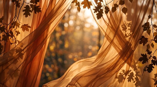 Glowing Halloween background created by warm amber light passing through translucent orange fabric, delicate folds producing soft tonal gradients, barely visible dried foliage silhouettes