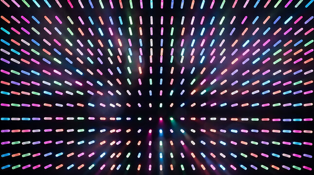 Multicolor glowing neon light tubes arranged in a grid pattern on a dark background