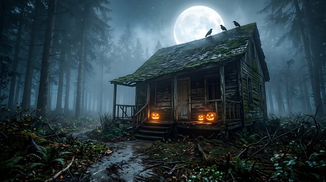 Weathered wooden cabin with glowing jack o lanterns on porch, black birds perched on mossy roof creating spooky autumn Halloween scene
