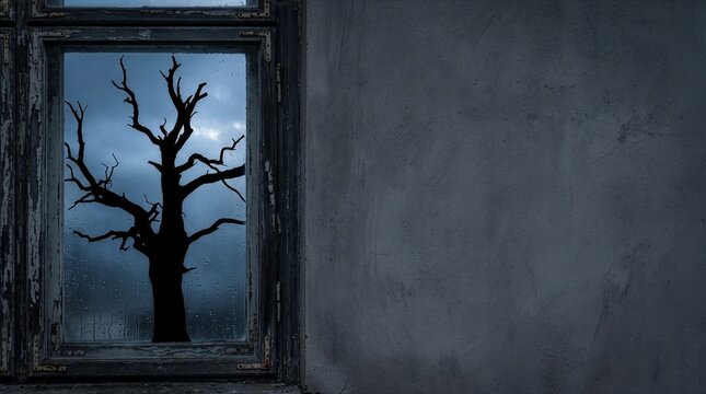 A spooky silhouette of a bare tree seen through an old rustic window against a dark moody background