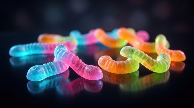 Closeup of colorful gummy worms on a dark reflective surface