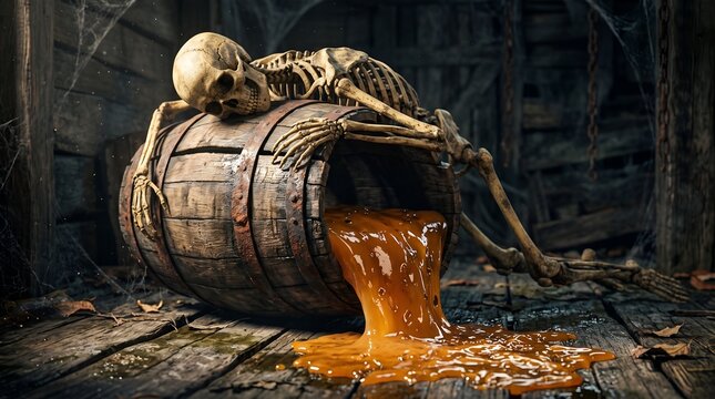 Human skeleton rests slumped over a weathered wooden barrel leaking bright orange viscous liquid in this cinematic hyper-realistic scene featuring dramatic textures and detailed bone structure.