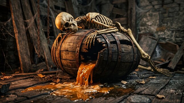 Human skeleton rests slumped over a weathered wooden barrel leaking bright orange viscous liquid in this cinematic hyper-realistic scene featuring dramatic textures and detailed bone structure.