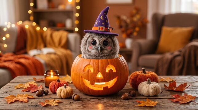 Adorable baby owl wearing a cute purple witch hat sits inside a glowing orange carved pumpkin jack-o-lantern during a cozy and festive autumn halloween celebration