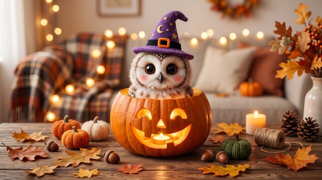 Adorable baby owl wearing a cute purple witch hat sits inside a glowing orange carved pumpkin jack-o-lantern during a cozy and festive autumn halloween celebration