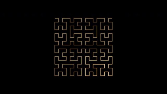 Flowing highlight along a Hilbert path in amber gold on transparent background
