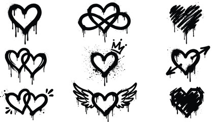 Fototapeta premium Black Graffiti Spray Paint Heart Icon Set with Drips, Splatters, Infinity Love Symbols, Crown Accents, and Wings for Urban Street Art Designs