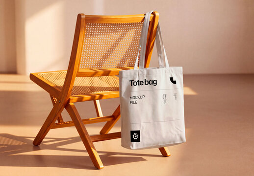 Tote Bag Mockup Hanging on Wooden Chair