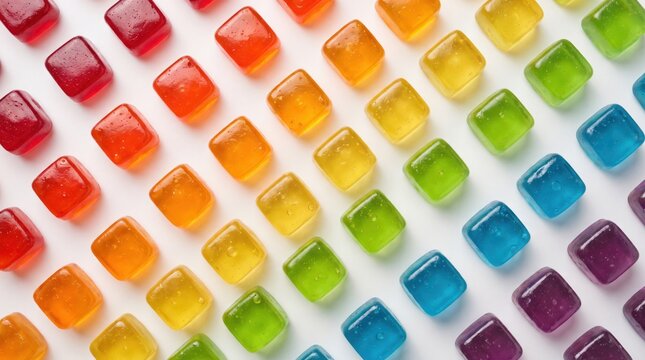 Colorful square gummy candies arranged in a neat gradient pattern isolated on white background