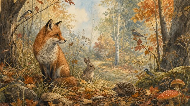 Classic Botanical Oil Painting Illustration of Red Fox Rabbit Hedgehog and Birds in Autumn Forest for Happy World Animal Day Campaign Banner and Woodland Background