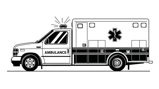 Black and white vector illustration of an emergency medical ambulance vehicle with flashing light and star of life symbol.