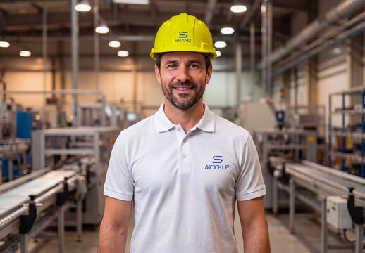 Industrial Worker Wearing Safety Helmet and Polo Shirt Mockup