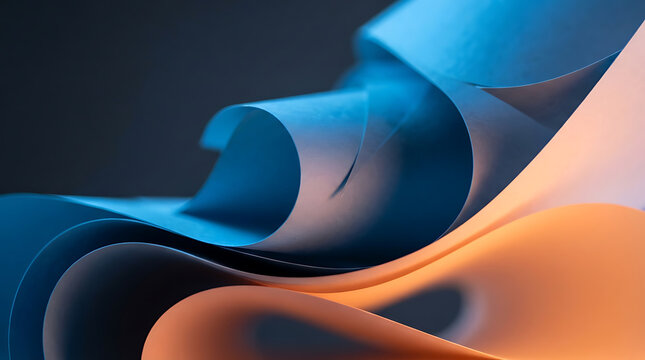 Abstract curved paper sheets in blue and orange creating fluid shapes on transparent background