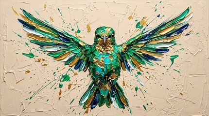 Fototapeta premium Symmetrical Front View Emerald Green Hummingbird Impasto