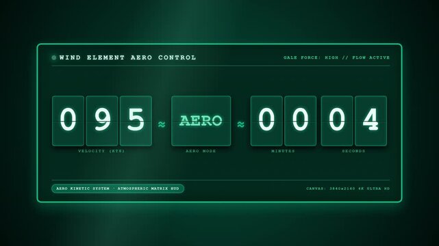 Deterministic 4K mechanical split-flap display featuring a high-velocity wind and gale elemental theme. Displays wind speed velocity, pressure gusts, and atmospheric flow counters with emerald breeze