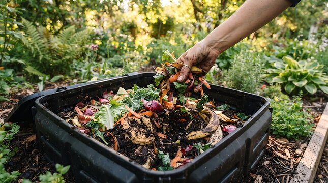 Person composting organic waste in garden with natural sunlight and copy space