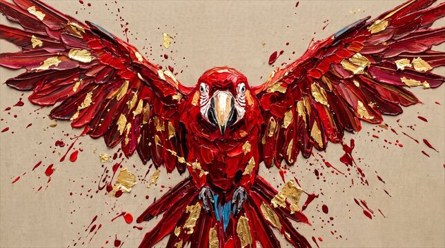 Front View Abstract Red Macaw Parrot Impasto Painting Gold