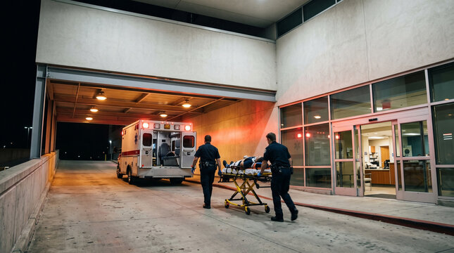 Paramedics moving patient on stretcher from ambulance to hospital emergency entrance