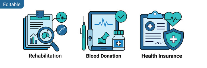 Fototapeta premium Healthcare Services Editable Flat Vector Illustration Set – Rehabilitation, Blood Donation and Health Insurance
