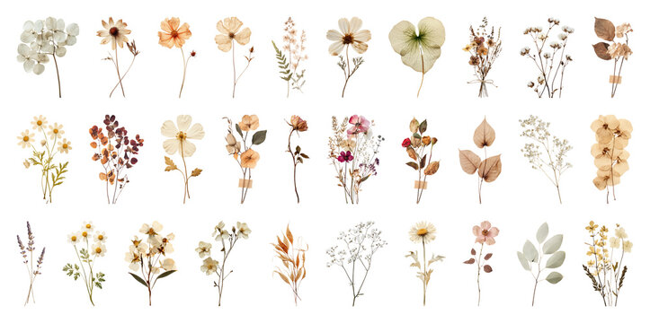 PNG Collection of dried floral arrangements in vintage style, transparent background
