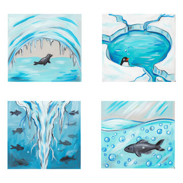 Watercolor Paintings Showing Marine Animals in Underwater Scenes transparent background